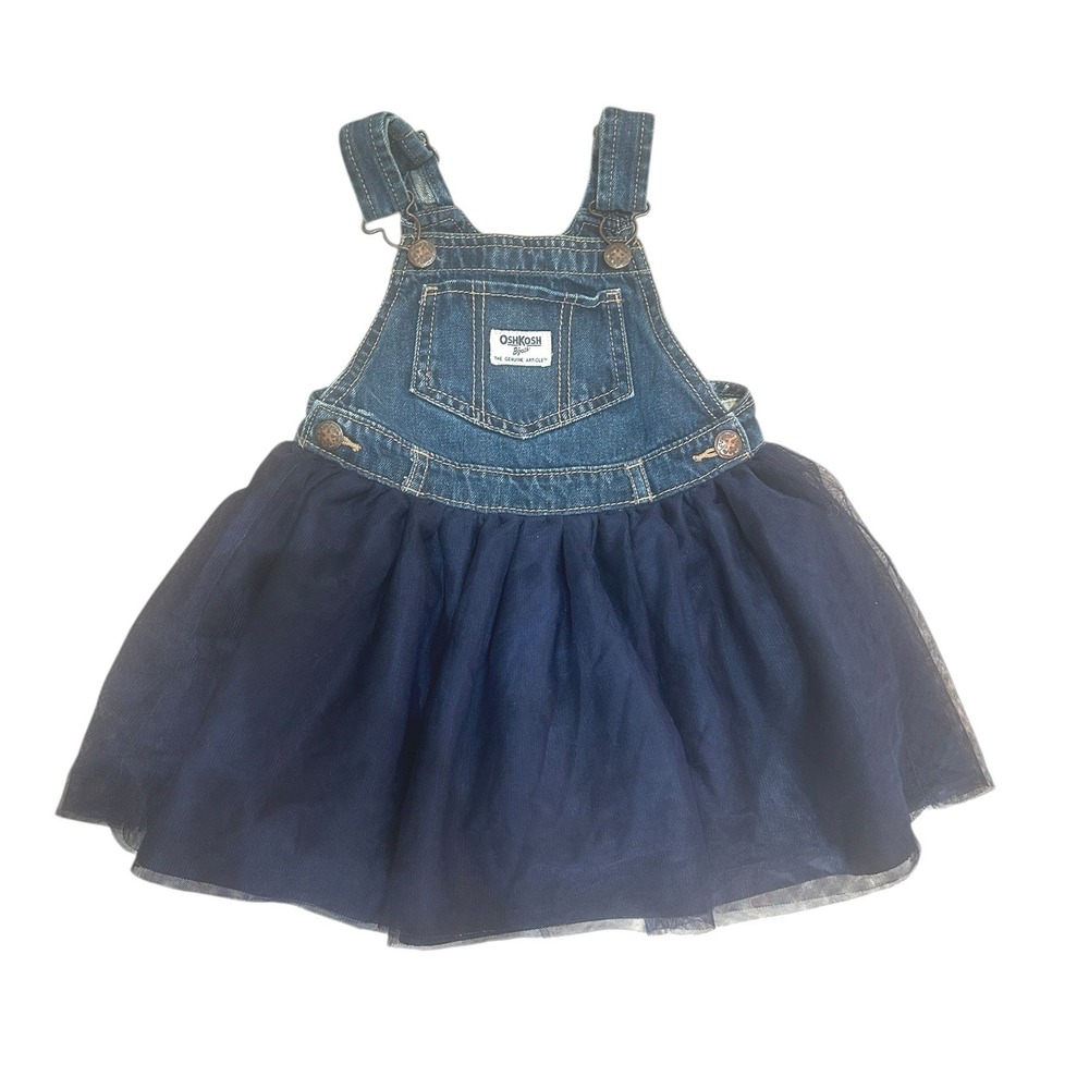 OshKosh B'Gosh Tulle Denim Jumper Dress‎ Sz 4T Navy Ruffle Overall Vestbak Jean